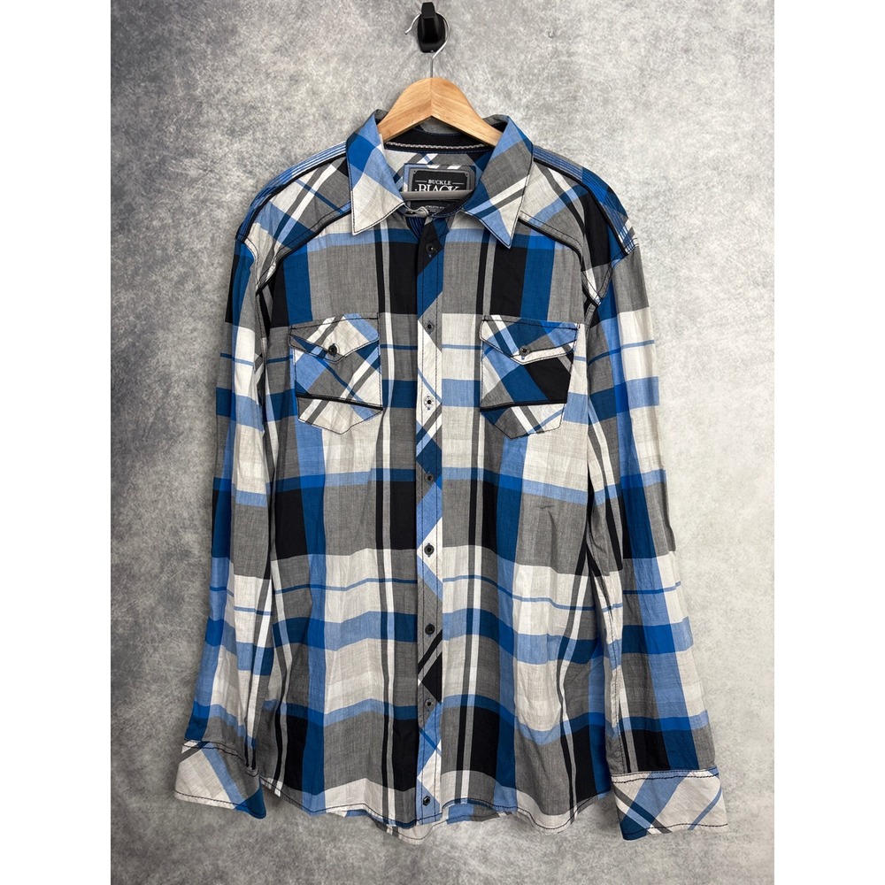 BKE Buckle Men's Long Sleeve Button Down Black Blue Plaid Shirt Athletic Fit XL
